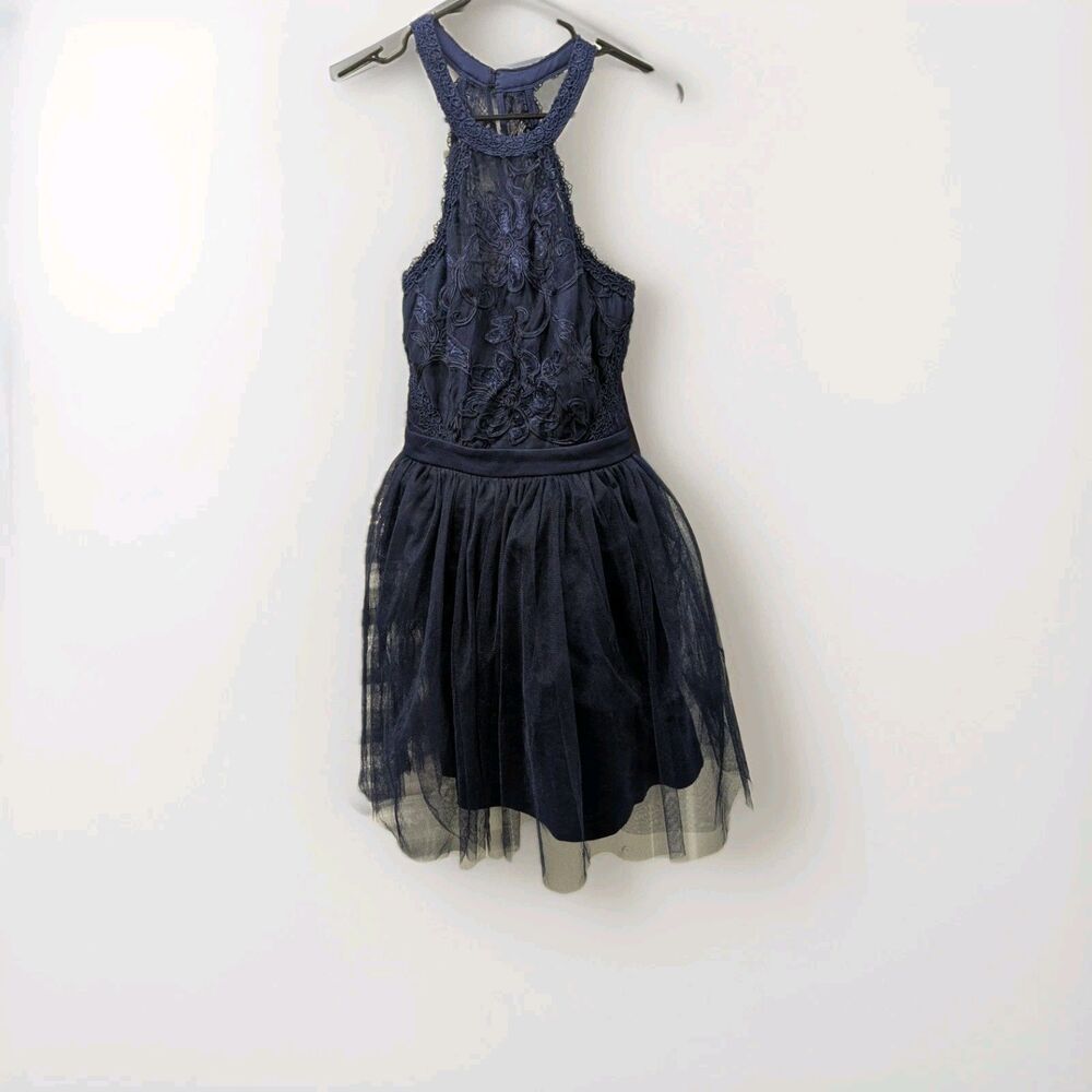 Maniju Size Large Blue Lace Halter Mini Dress With Puffer Organza Skirt Nwt